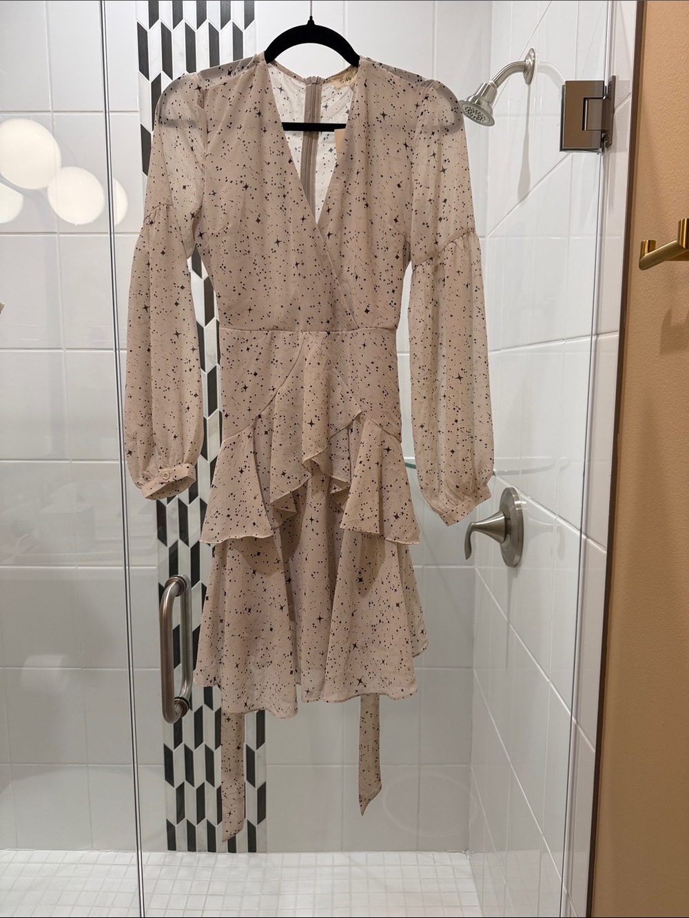 Long Sleeve V-Neck Ruffle Star-Speckle Wrap Dress in Light Beige - NWT